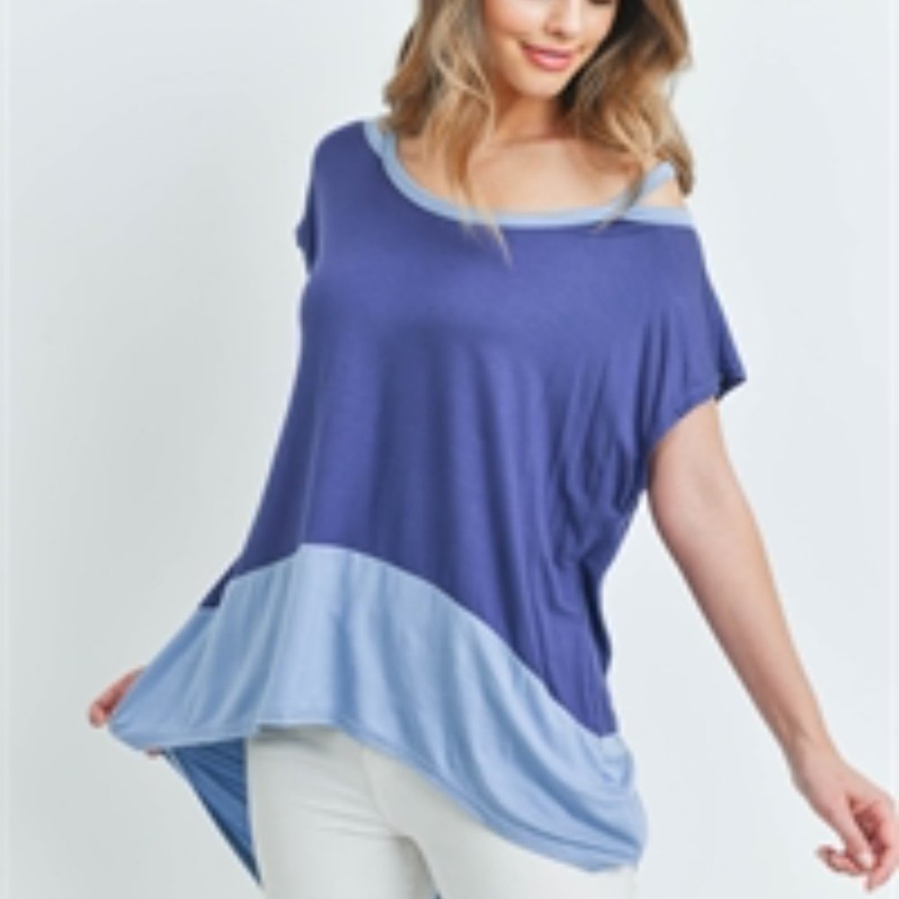 L-LOVE Cutout Shoulder Colorblock Navy/Blue Tunic, Blouse, Tee, Top Medium